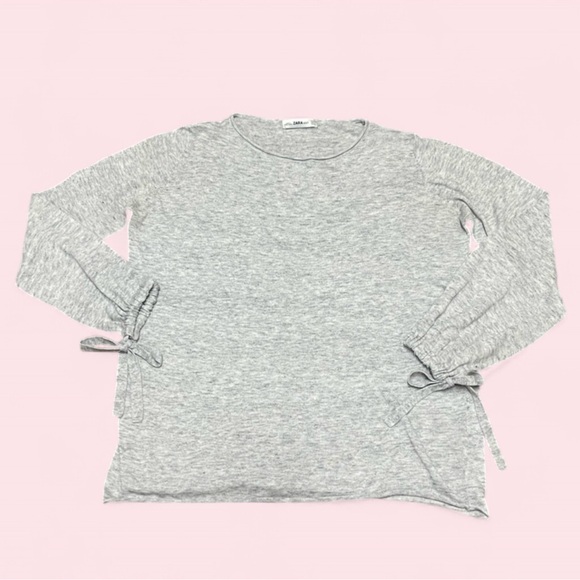 Zara Knit Boat Neck Tunic Sweater Heather Gray Bow Tie Balloon Sleeves | M | GUC - Picture 2 of 6